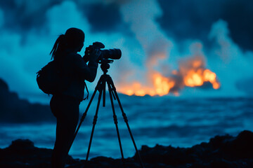 Fototapeta premium Silhouette of a lone photographer with a telephoto lens, standing beside a tripod as calm waves shimmer under moonlight; lava glows softly while blue fog highlights drifting smoke.