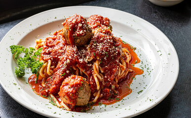 Close-up of spaghetti with meat balls and sauce