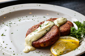 Close-up of salmon croquettes and sauce.
