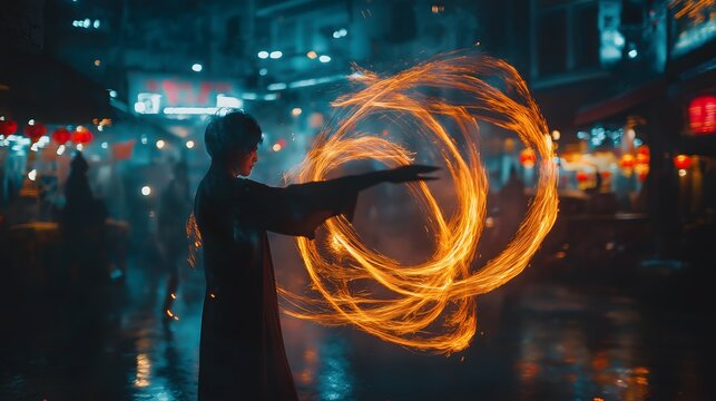 Fire performer spinning flaming staff in neon-lit urban alley at night, cinematic street photography with glowing fire trails, wet pavement and cyberpunk nightlife atmosphere.