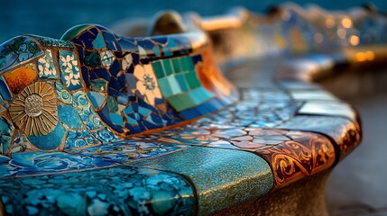 Colorful mosaic benches, close-up