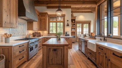 A beautifully designed and well-lit rustic kitchen interior with wood accents