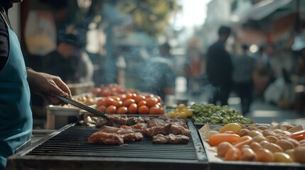 Atmospheric street-level photograph of a male vendor grilling assorted meats and vegetables on a smoky food cart in a busy urban setting, capturing the essence of authentic street cuisine