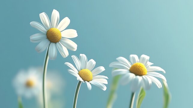 Elegant chamomile daisy flowers in flat lay design on peaceful blue background generative ai