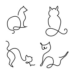 Line cat illustration. Minimal feline icons. Abstract pet figures. Vector animal contour.