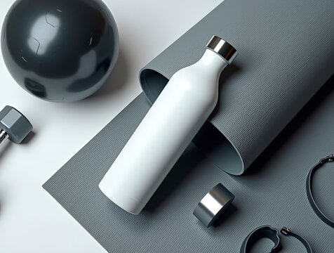  water bottle mockup lying diagonally on a textured yoga mat, surrounded by gym accessories, clean fitness branding concept, high resolution.