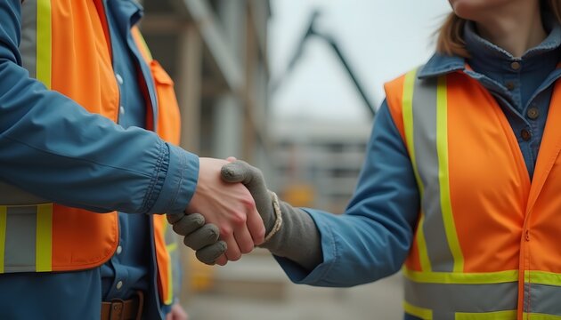 man and woman construction workers shaking hands on a building site