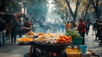 Atmospheric street-level photography of a street vendor stall grilling assorted meats and vegetables on a steaming food cart in a busy urban setting, capturing the essence of authentic street food.
