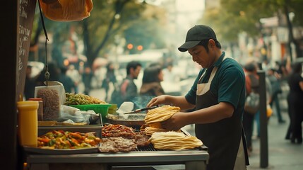 Atmospheric street-level photograph of a male vendor grilling assorted meats and vegetables on a smoky food cart in a busy urban setting, capturing the essence of authentic street cuisine