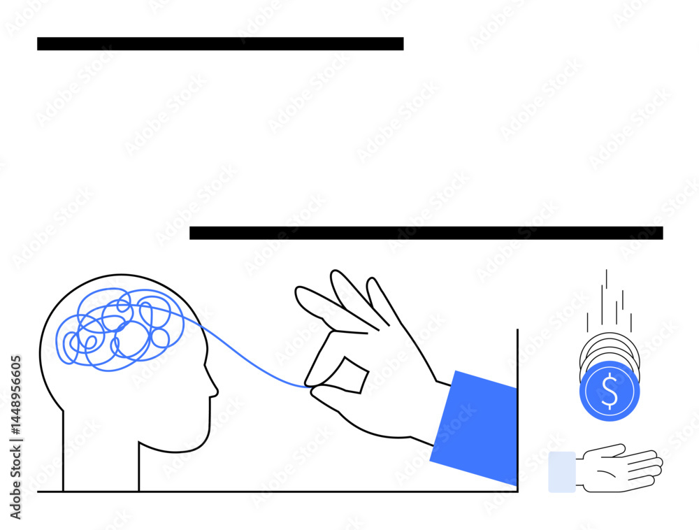 Poster abstract head with tangled thread being unraveled by a hand, coins falling into an open hand. ideal 