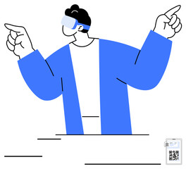 Person wearing AR glasses, interacting with virtual elements using hand gestures. Ideal for technology, innovation, AR, virtual reality, future, interaction digital communication. Flat simple