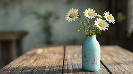 Three fresh daisies in a simple blue vase sitting on a rustic wooden table generative ai © Photo