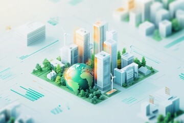 Sustainable urban development concept, miniature city with globe in the center, surrounded by greenery and wind turbines, 