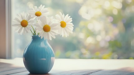 Three bright daisies in a light blue vase on a wooden table with natural light generative ai © Photo
