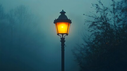 An old lamppost emits a warm glow amidst a misty and mysterious night scene.