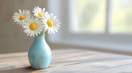 Three bright daisies in a light blue vase on a wooden table with natural light generative ai © Photo