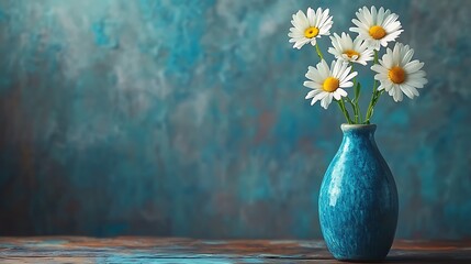 Three daisies in a blue vase placed gently on a rustic wooden table generative ai © Photo