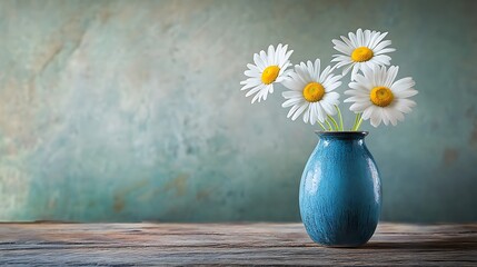 Three daisies in a blue vase placed gently on a rustic wooden table generative ai © Photo