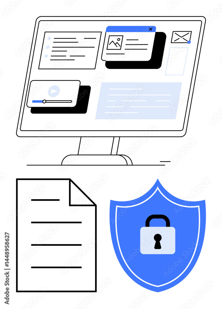 Aufkleber computer monitor displaying documents, paper file, blue shield with lock symbol. ideal for cybersecu