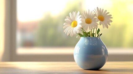 Three white daisies in a blue vase placed on a simple wooden table generative ai © Photo