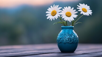 Three daisies in a decorative blue vase set on a smooth wooden table generative ai © Photo