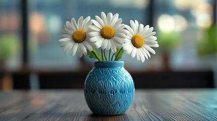 Three daisies in a decorative blue vase set on a smooth wooden table generative ai © Photo