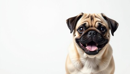Playful pug with expressive face, white backdrop, background, white