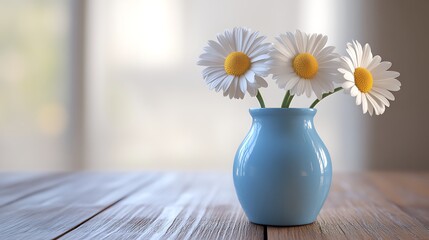 A bright blue vase holding three fresh daisies on a polished wooden table generative ai © Photo