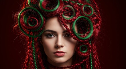 Naklejka premium Fashion Model with Intricate Red and Green Braided Hairstyle