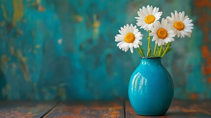 Three dainty daisies in a bright blue vase on a vintage wooden table generative ai © Photo