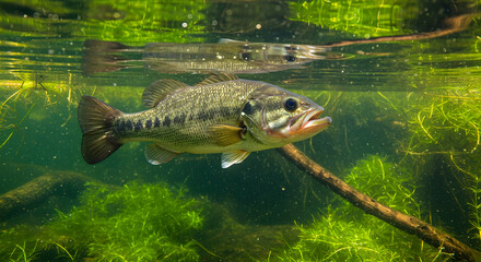Largemouth Bass Swimming in a Clear Freshwater Habitat Underwater