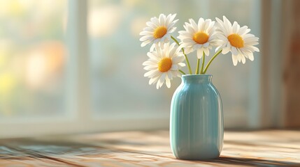 Three daisies in a light blue vase on a cozy wooden table in soft sunlight generative ai © Photo
