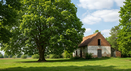 Abandoned Rustic House Surrounded by Lush Greenery and Trees