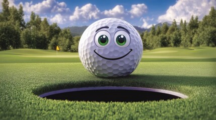 A smiling golf ball is on a grassy field. The sun is setting in the background. The ball is smiling and looking at the camera
