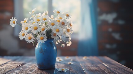 Beautiful daisies in a blue vase sitting gently on a rustic wooden table generative ai © Photo