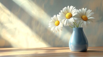 Three fresh white daisies in a blue vase on a clean wooden table with soft shadows generative ai © Photo