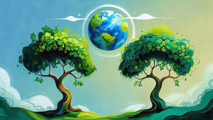 Illustration of planet Earth above two stylized trees, emphasizing the message Save the planet Symbolic representation of environmental conservation
