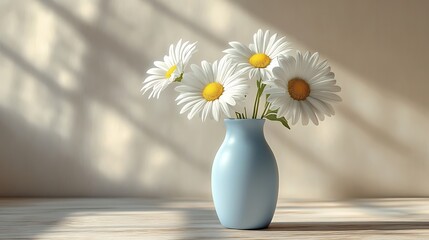Three fresh white daisies in a blue vase on a clean wooden table with soft shadows generative ai © Photo