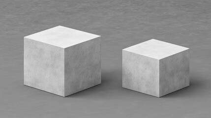 Two light gray cube forms, varying in size, on a neutral backdrop.