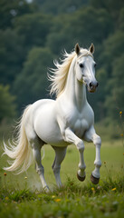 Obraz premium White horse running freely through green grass field with mane flowing and legs extended in an open natural environment