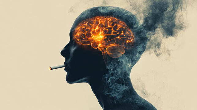 A silhouette of human head with burning cigarette replacing brain, symbolizing harmful effects of smoking on mental health and cognition