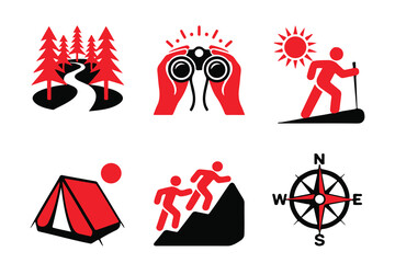 Red and Black Outdoor Icons for Hiking, Camping, and Exploration