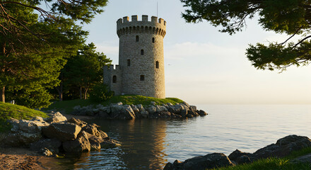 Scenic View of Stone Tower by Tranquil Lake with Lush Greenery