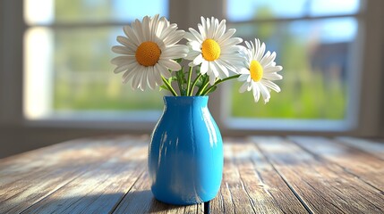 Three white daisies placed in a bright blue vase on a simple wooden table generative ai © Photo