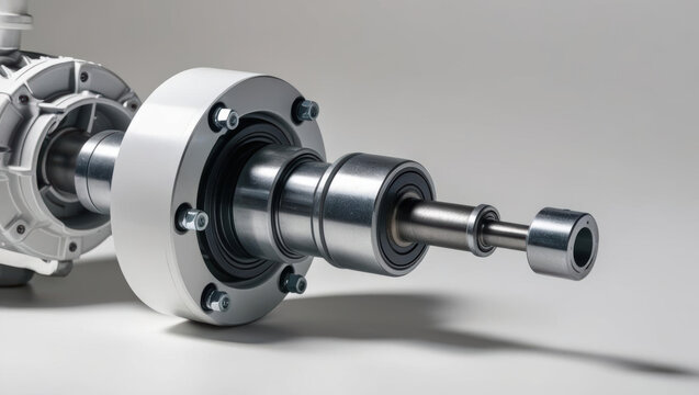 Water pump component with metal shaft and bearing for agriculture machinery part on gray background