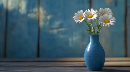 Three fresh daisies in a classic blue vase on a rustic wooden tabletop generative ai © Photo