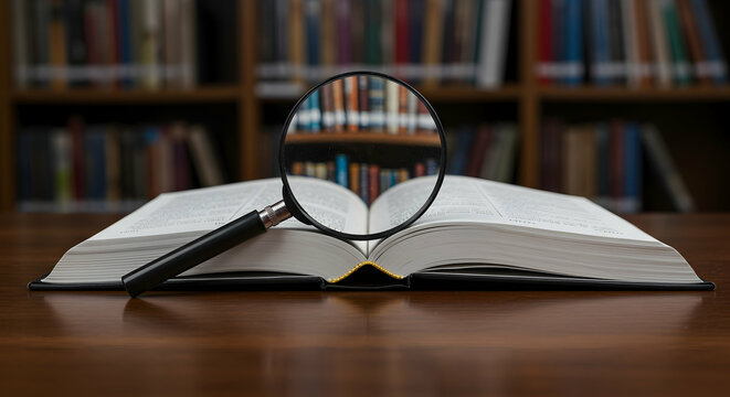Close-Up View of Open Book with Magnifying Glass on Wooden Table