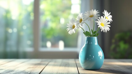 Blue vase with three daisies on a soft wooden table surrounded by natural light generative ai © Photo