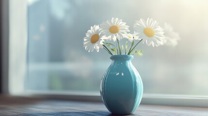 Blue vase with three daisies on a soft wooden table surrounded by natural light generative ai © Photo