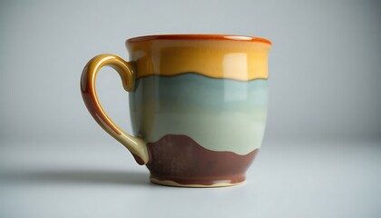 coffee cup with a brown, yellow, and blue design